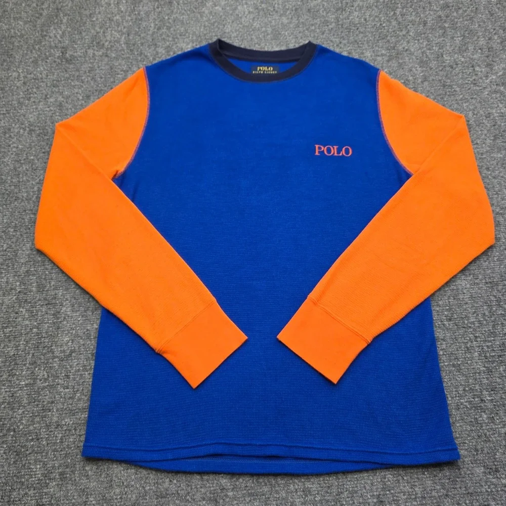 Polo Ralph Lauren Waffle Knit Thermal Shirt Men's Medium Blue Orange Long Sleeve